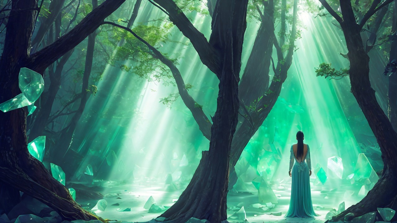 Mystical forest with ethereal light and green crystals