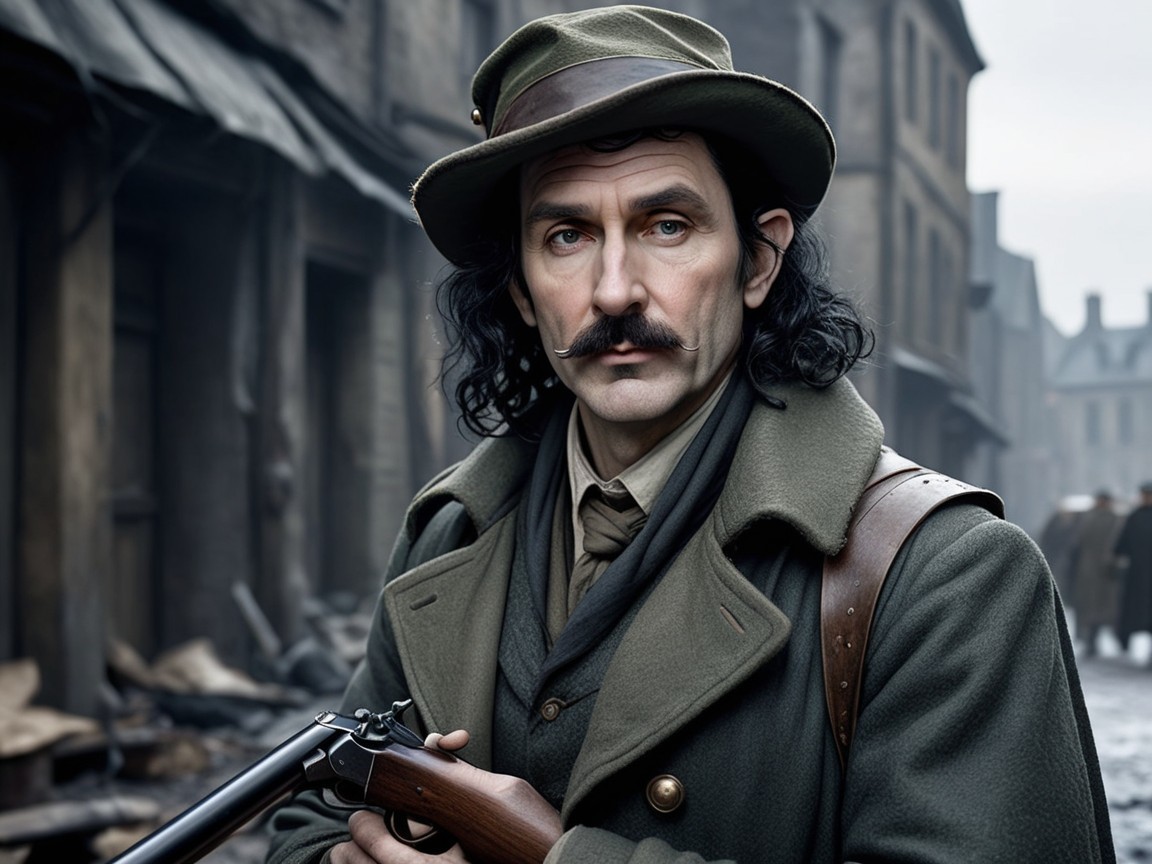 Historical Man in Military Attire on Gritty Street