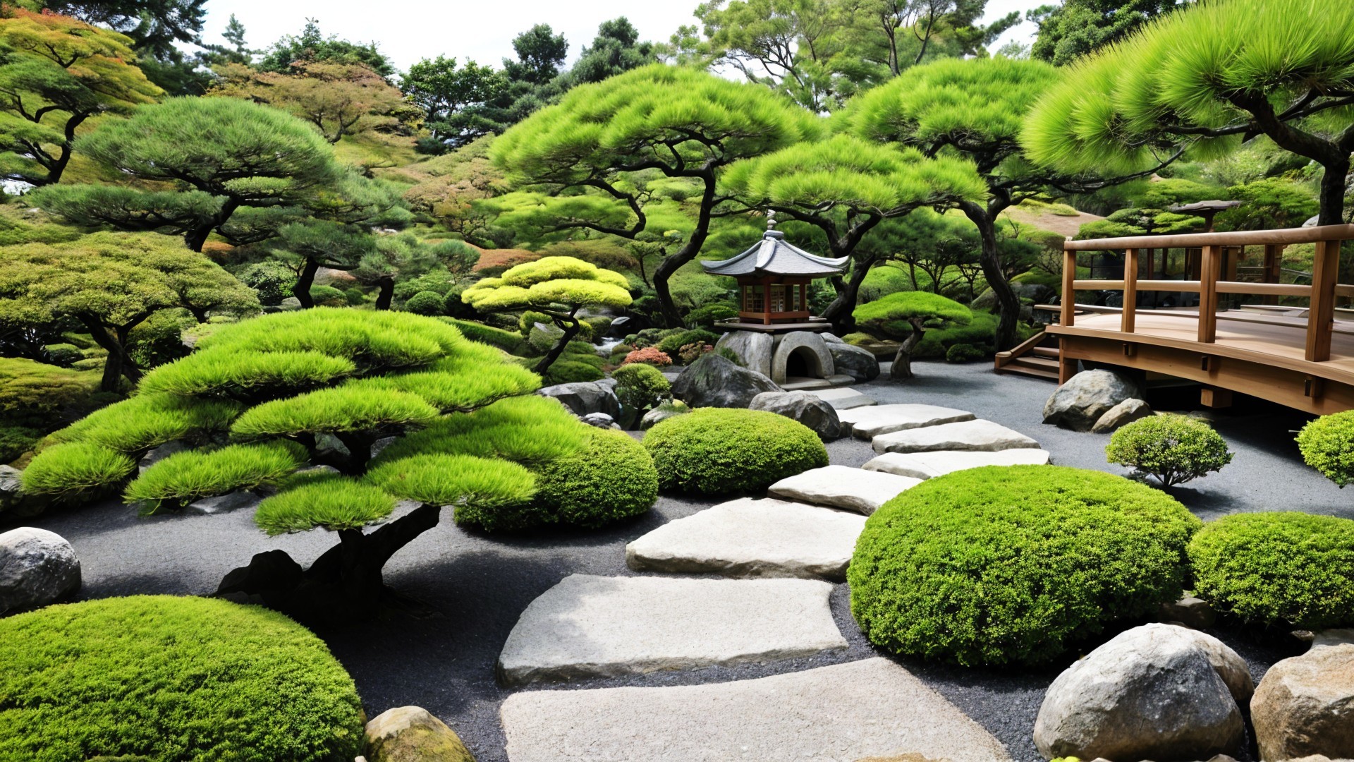 Serene Japanese Garden with Manicured Greenery and Pavilion