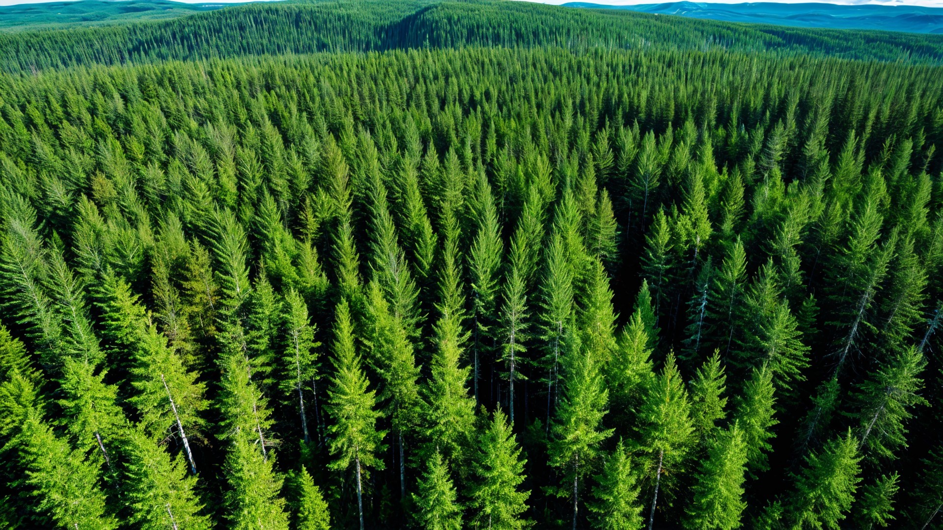 Lush Green Coniferous Forest Landscape with Mountains