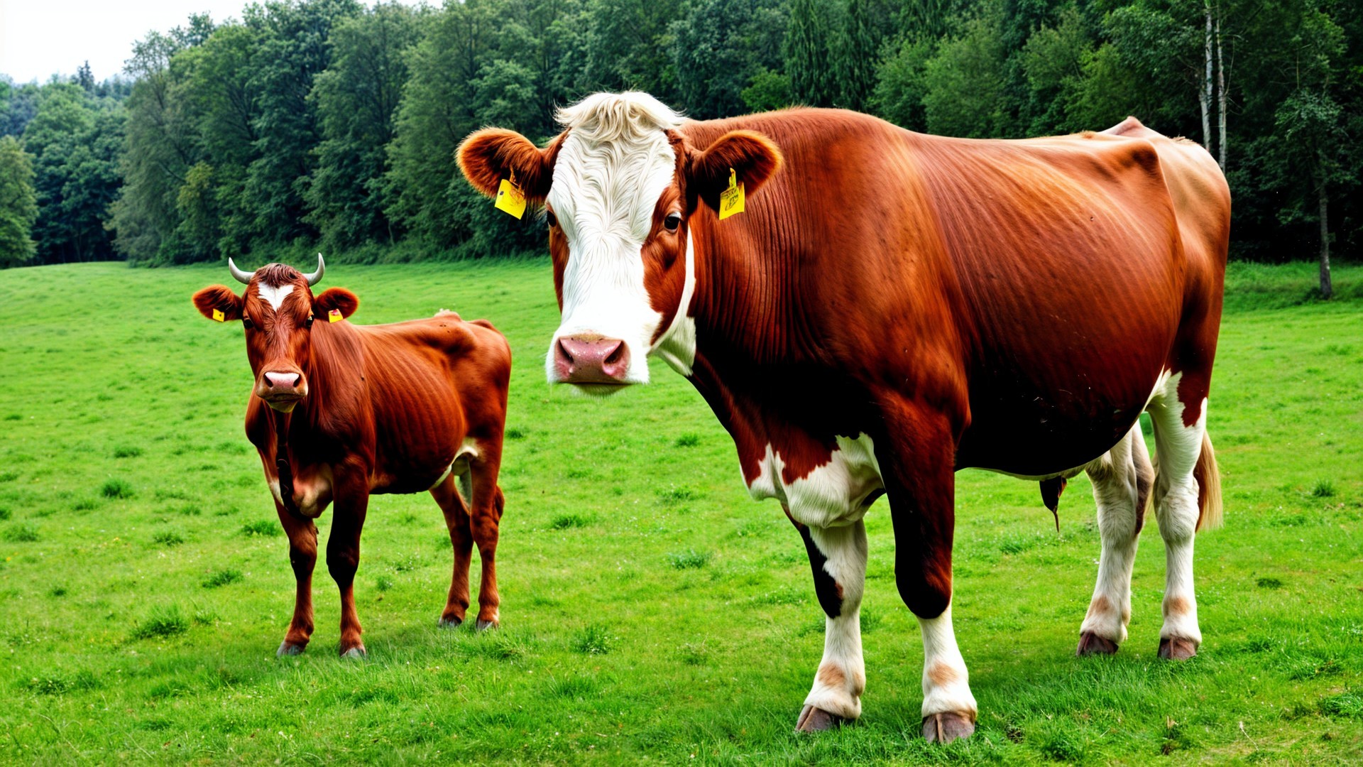 Brown Cows in Green Pasture with Trees