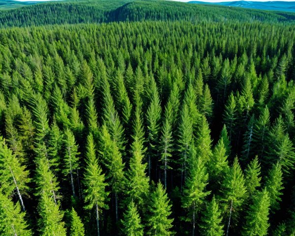 Lush Green Coniferous Forest Landscape with Mountains