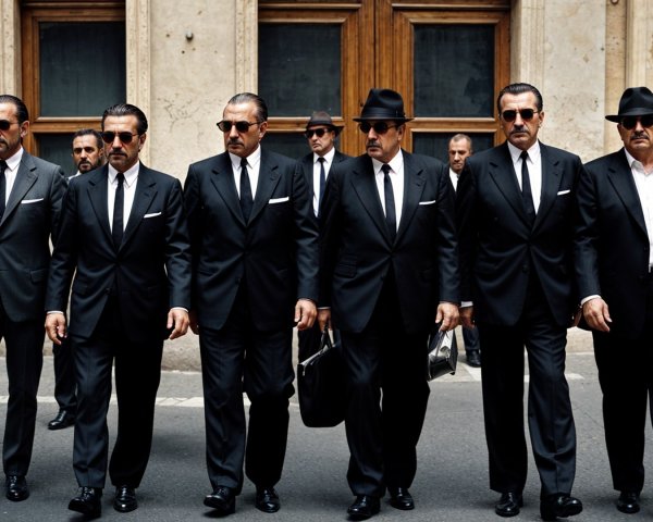 Group of Six Men in Dark Suits Walking in City