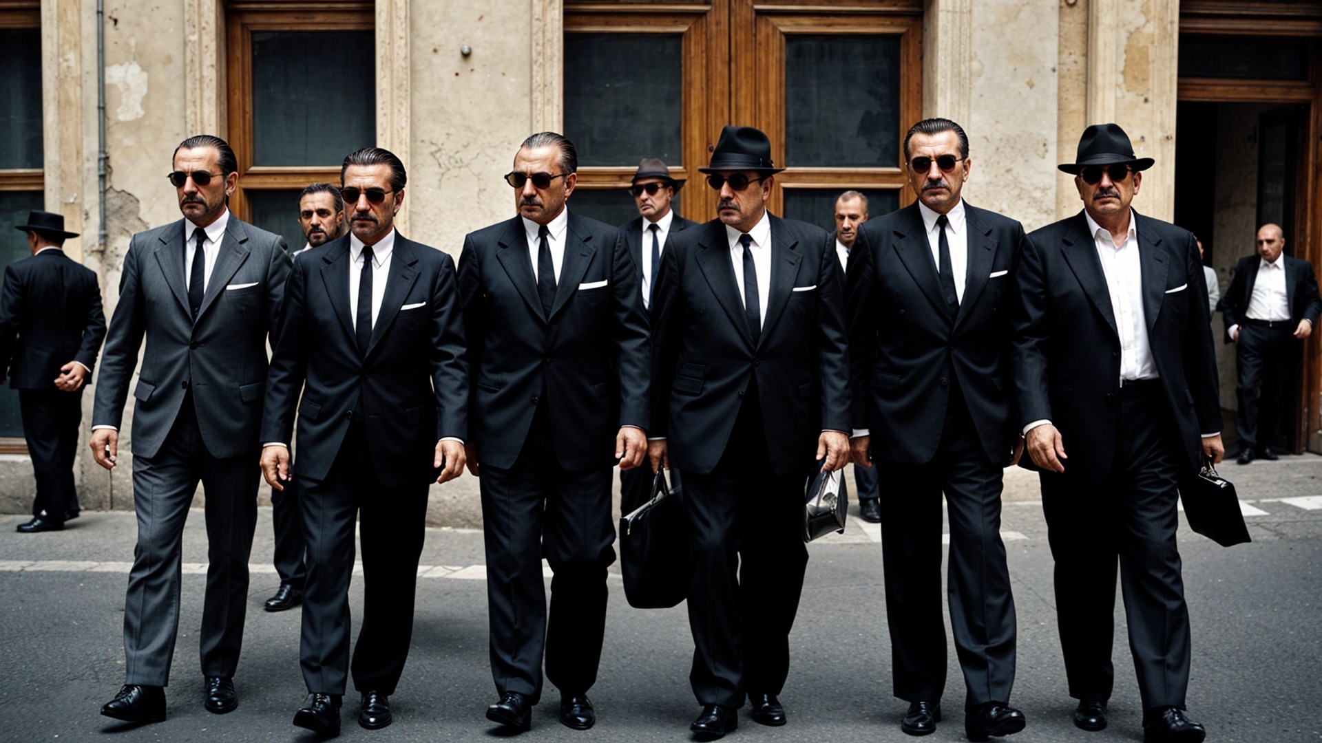 Group of Six Men in Dark Suits Walking in City