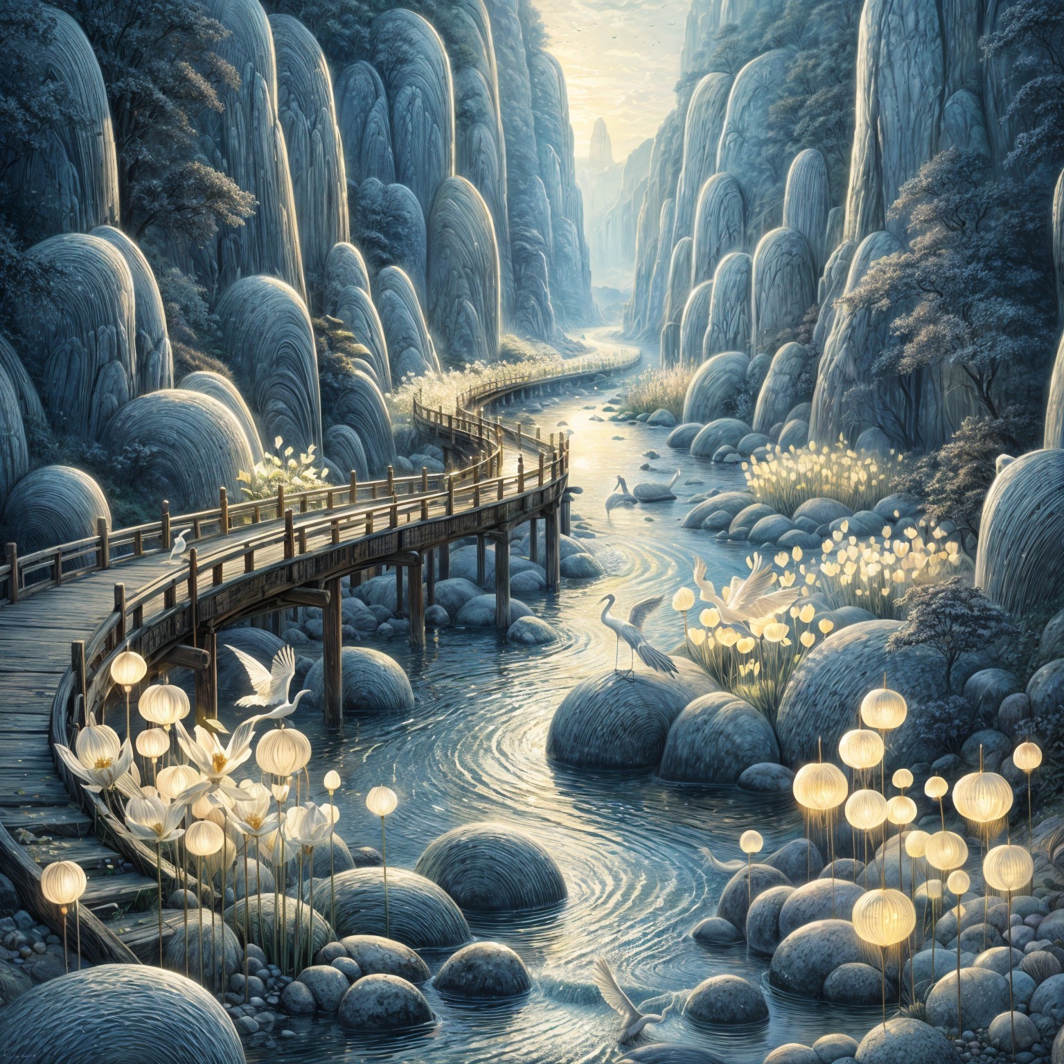 Serene landscape with bridge, river, cliffs, and crane