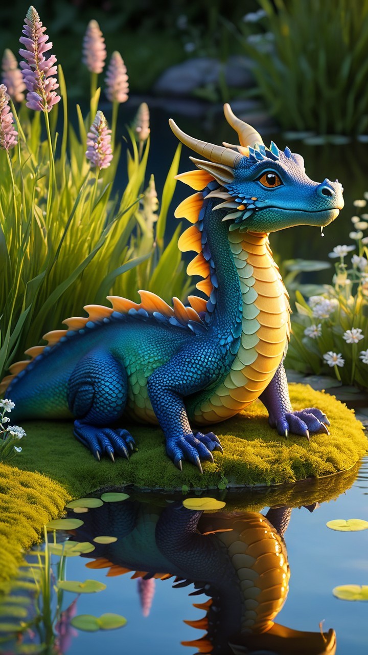 Whimsical Dragon by a Shimmering Pond in Nature