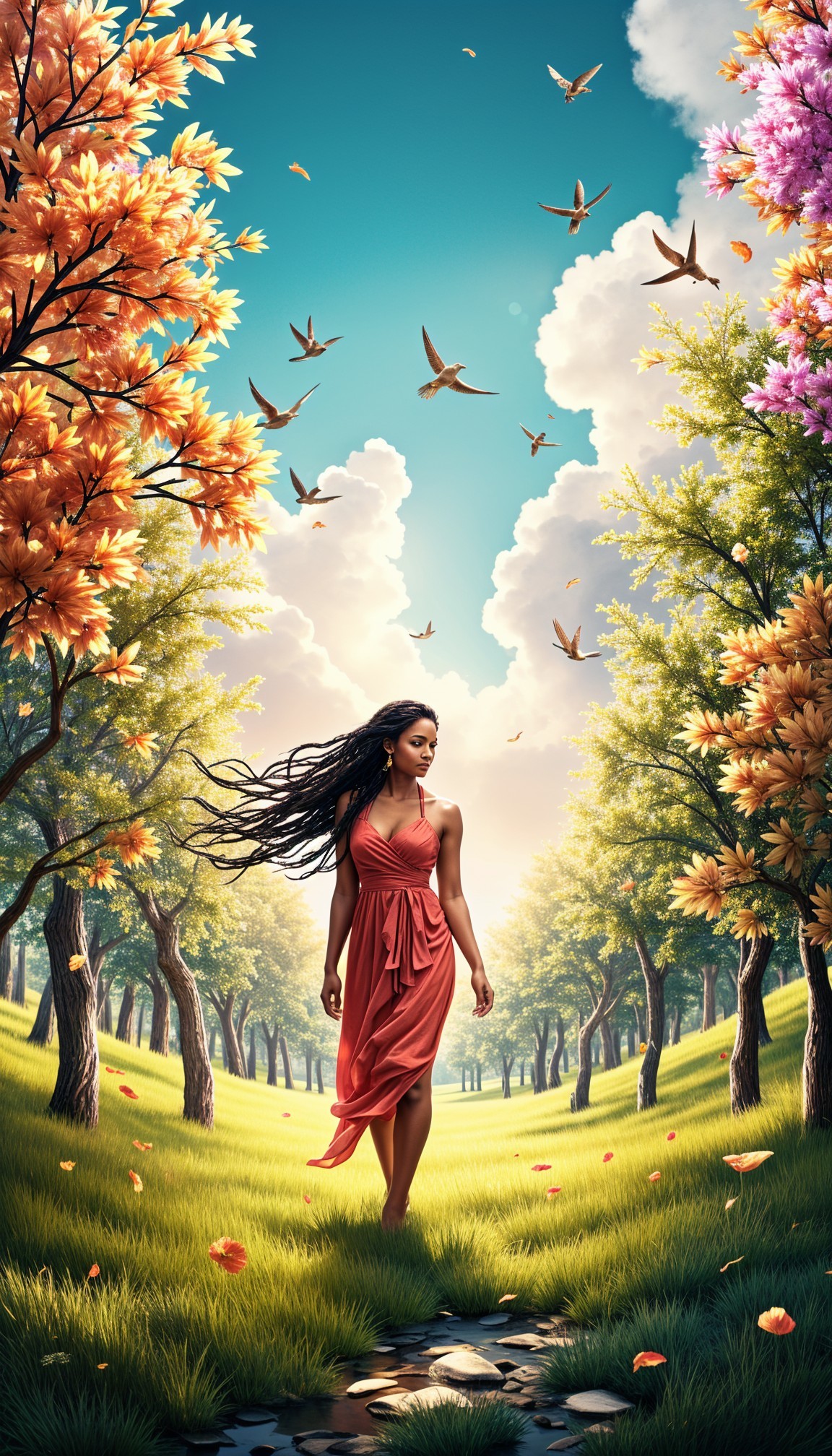 Woman in Red Dress in Autumn Landscape Scene
