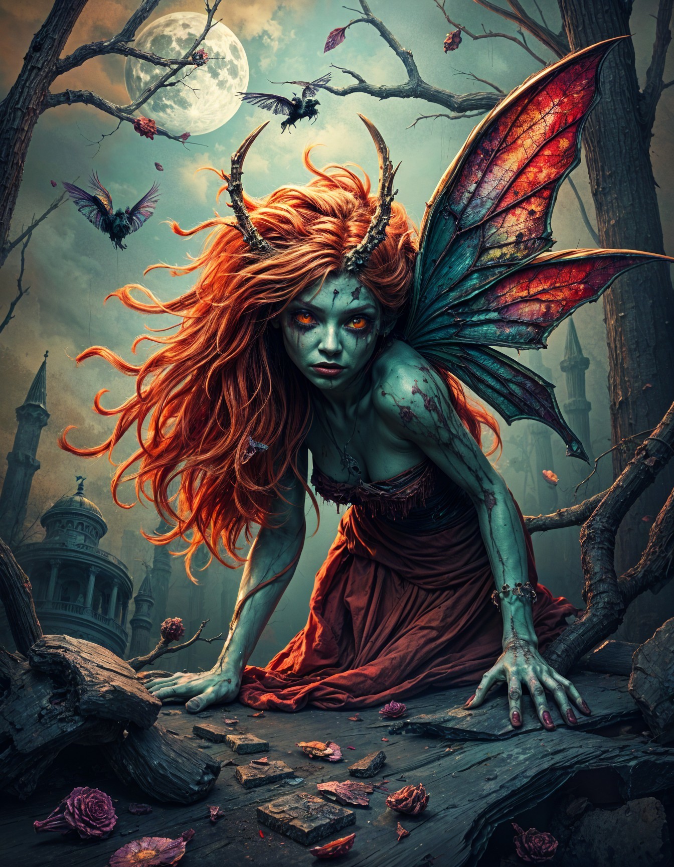 Fierce Fairy in Mystical Moonlit Forest Setting