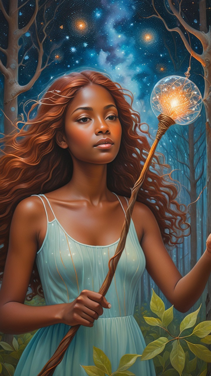 Young woman with glowing orb in mystical forest