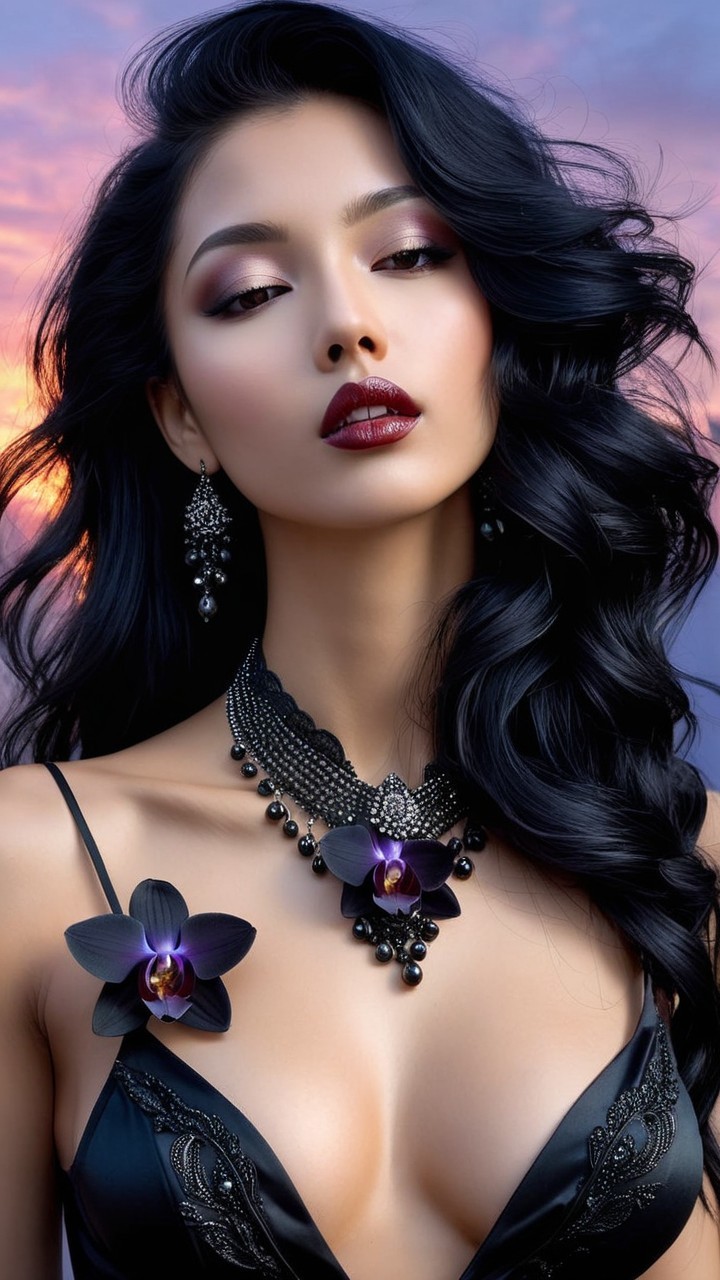 Portrait of a Woman with Black Hair and Orchids