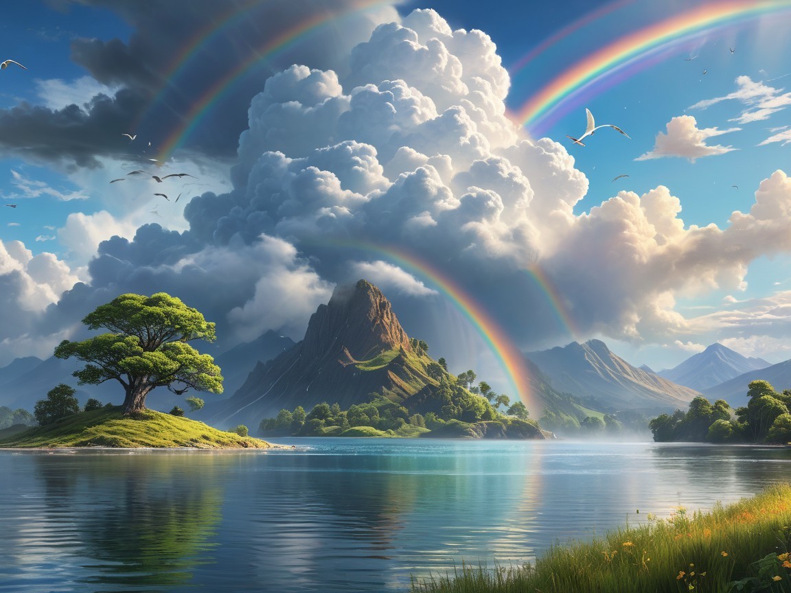 Tranquil Lake Surrounded by Lush Mountains and Rainbows