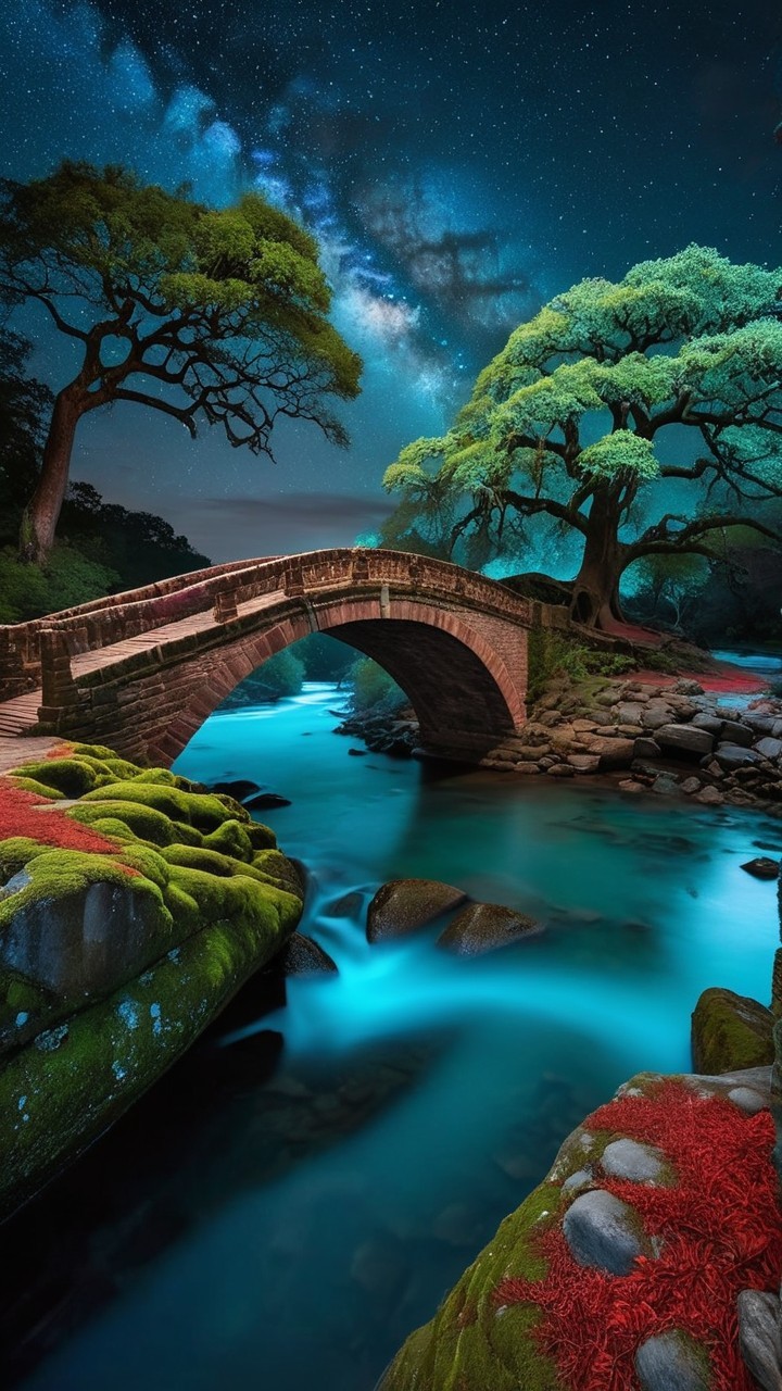 Historic Stone Bridge Over Tranquil River at Night