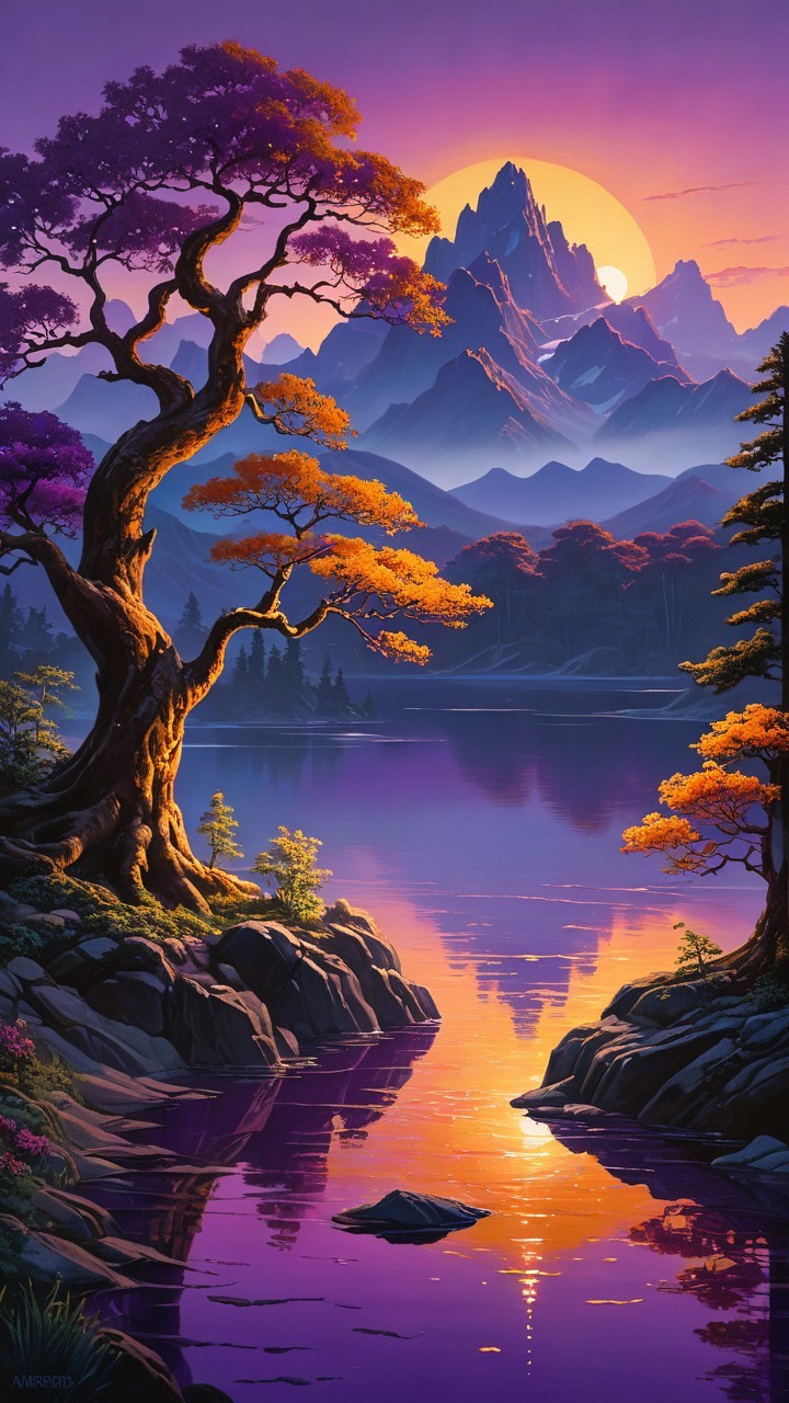 Serene Sunset Over Tranquil Lake and Mountains