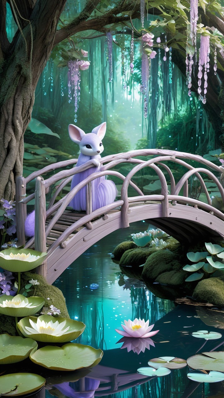 Whimsical Creature on a Bridge in Enchanted Forest