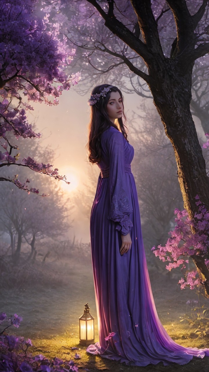 Young woman in purple gown in a floral landscape