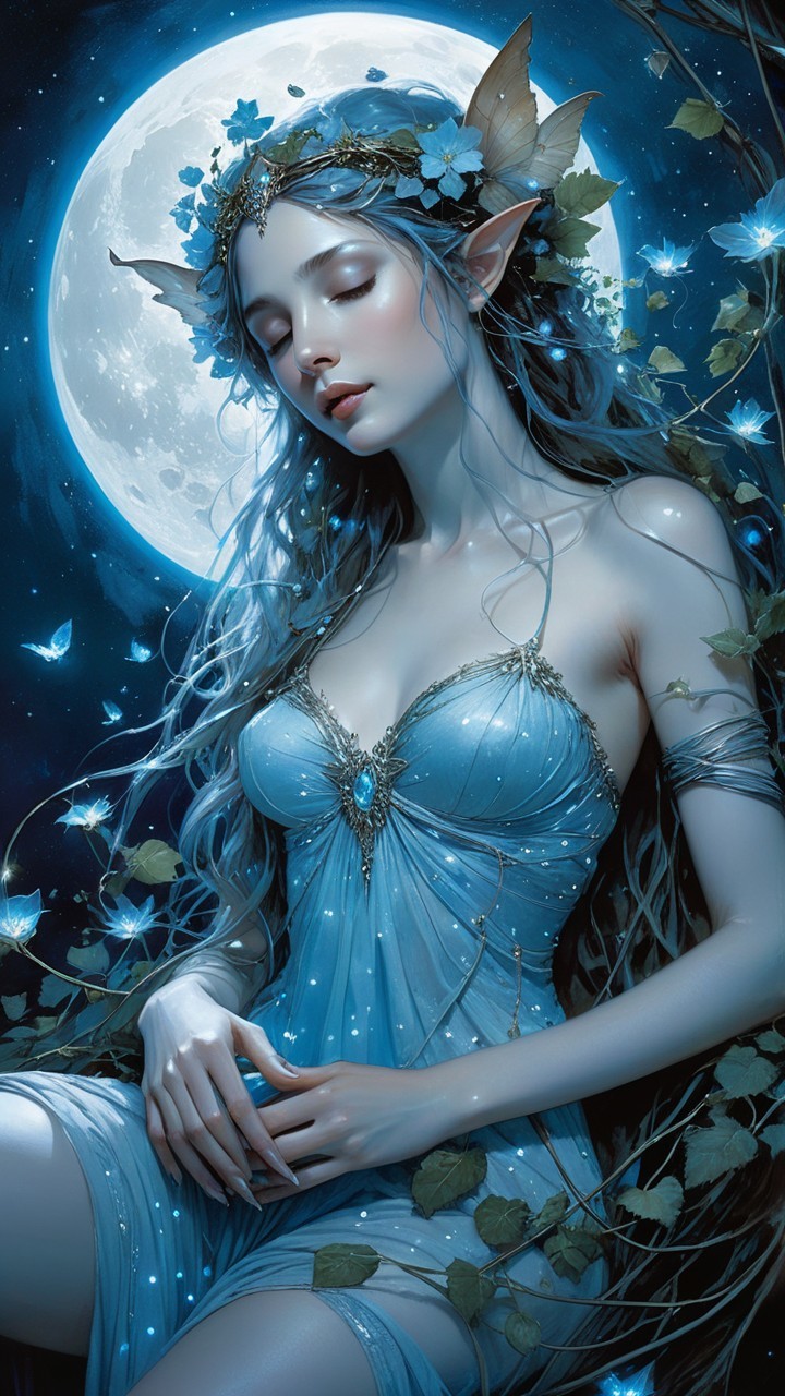 Ethereal figure in blue attire under a full moon