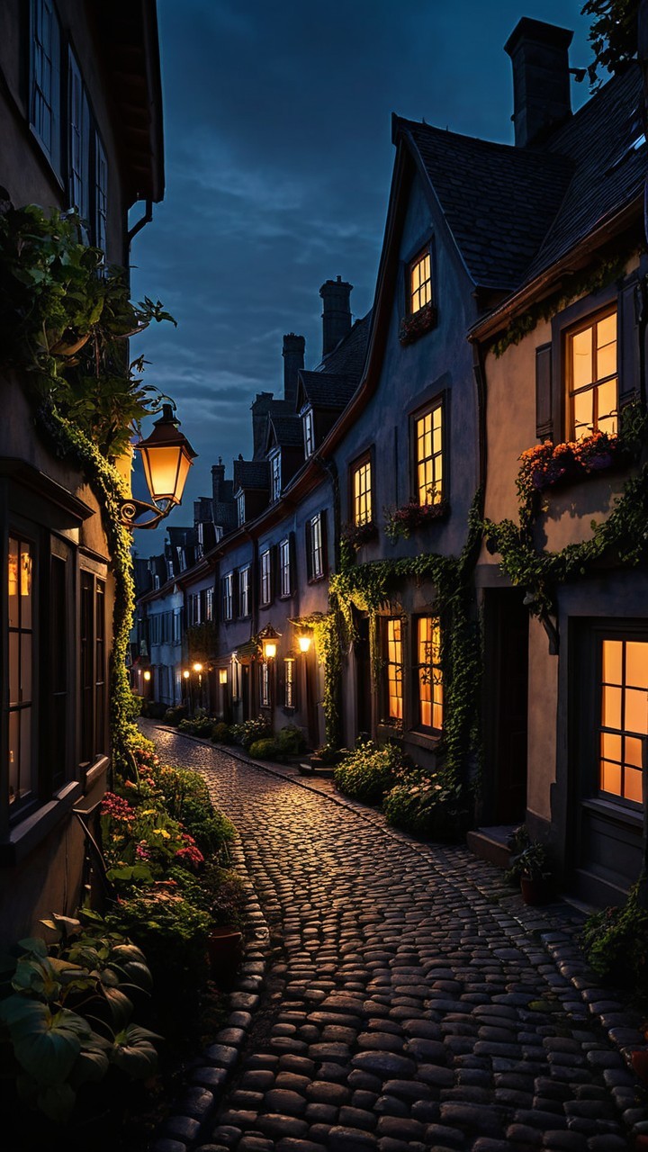 Charming Cobblestone Street with Warm Lighting