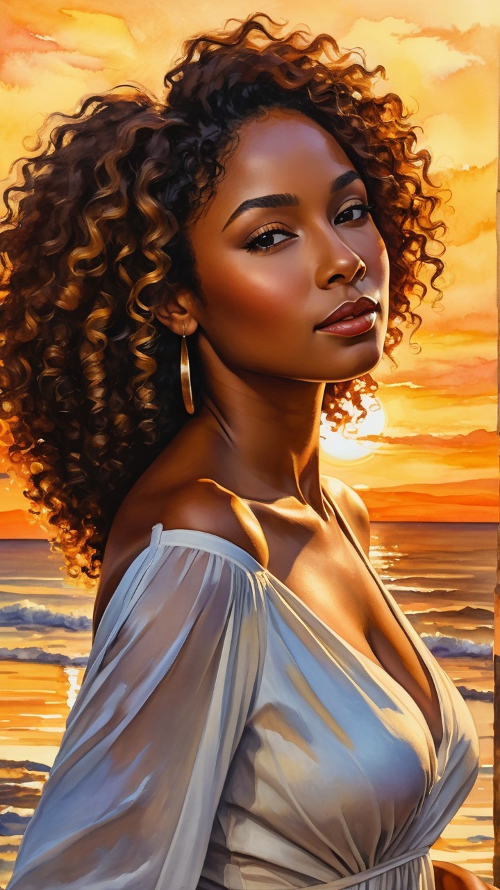 Woman with Curly Hair at Vibrant Beach Sunset