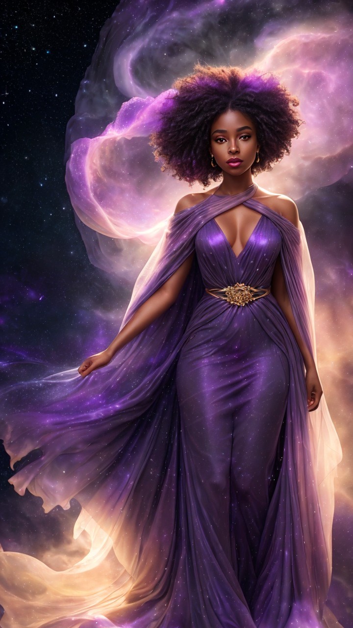 Elegant Figure in Purple Gown Against Cosmic Backdrop