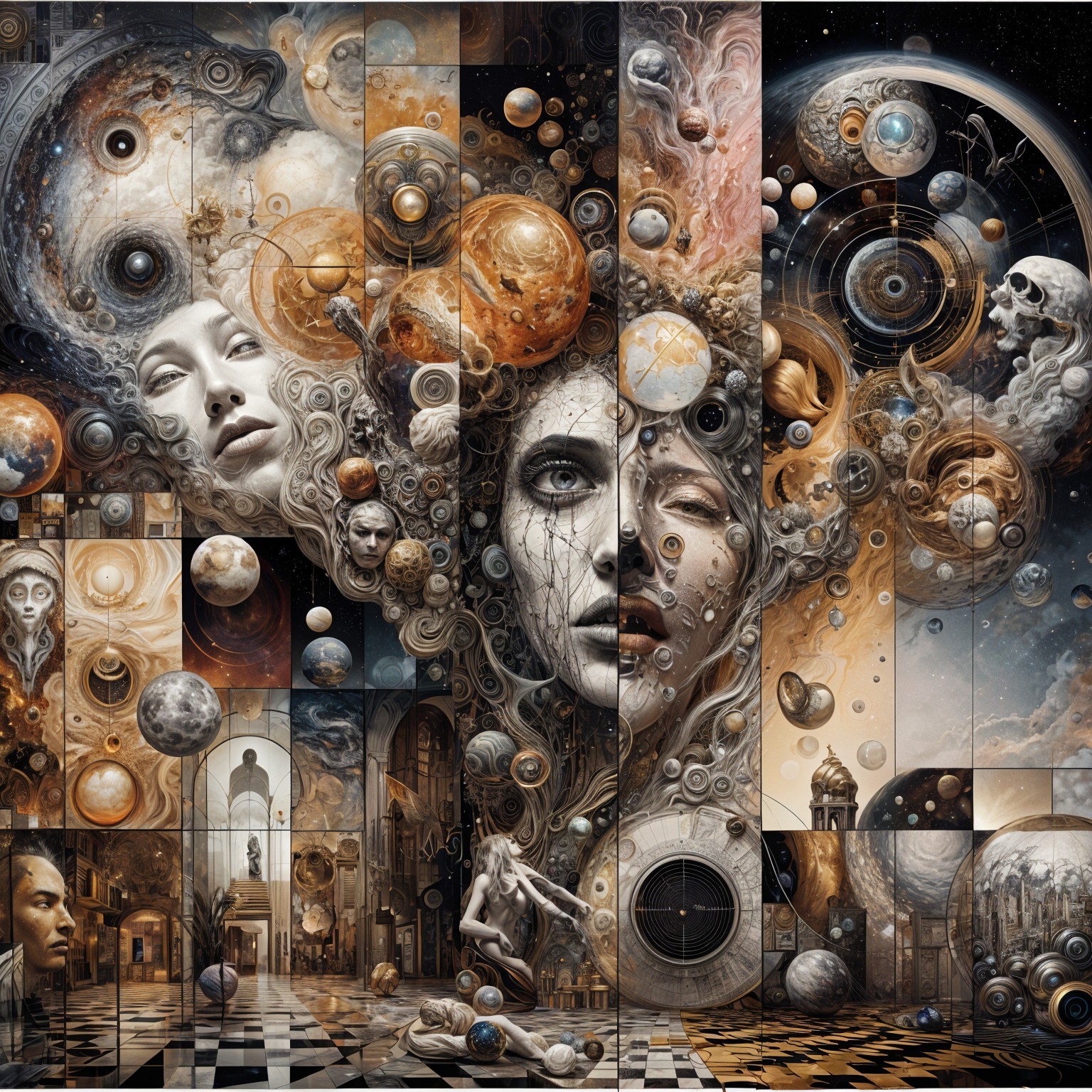 Surreal Collage of Celestial Bodies and Human Figures