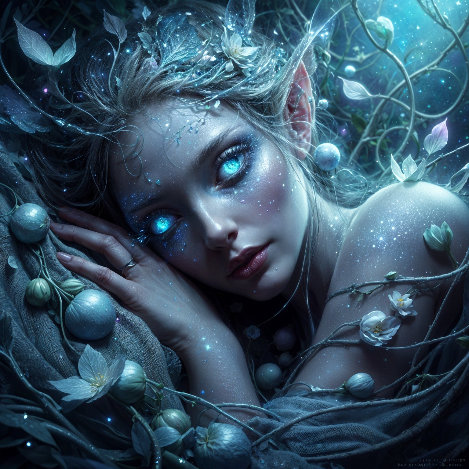 Mystical Figure with Ethereal Features and Flora