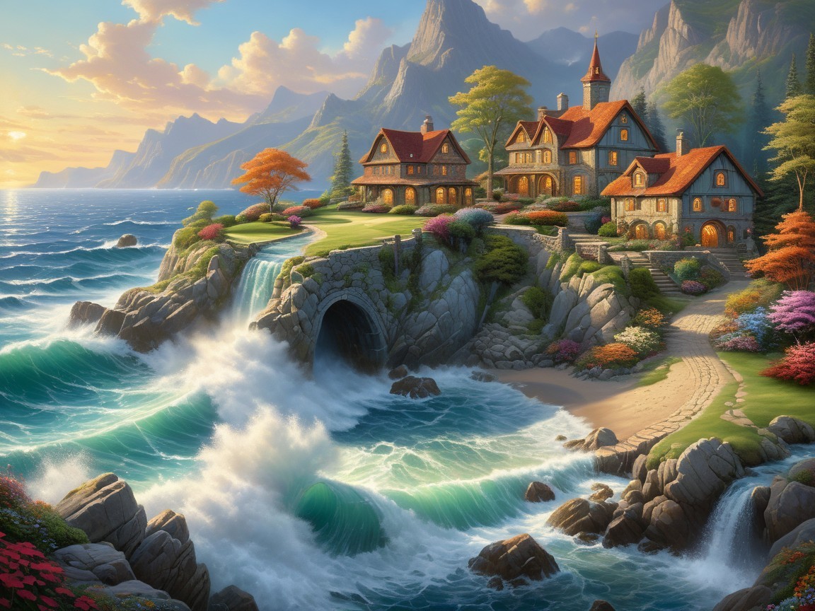 Coastal Scene with Houses, Waterfalls, and Mountains