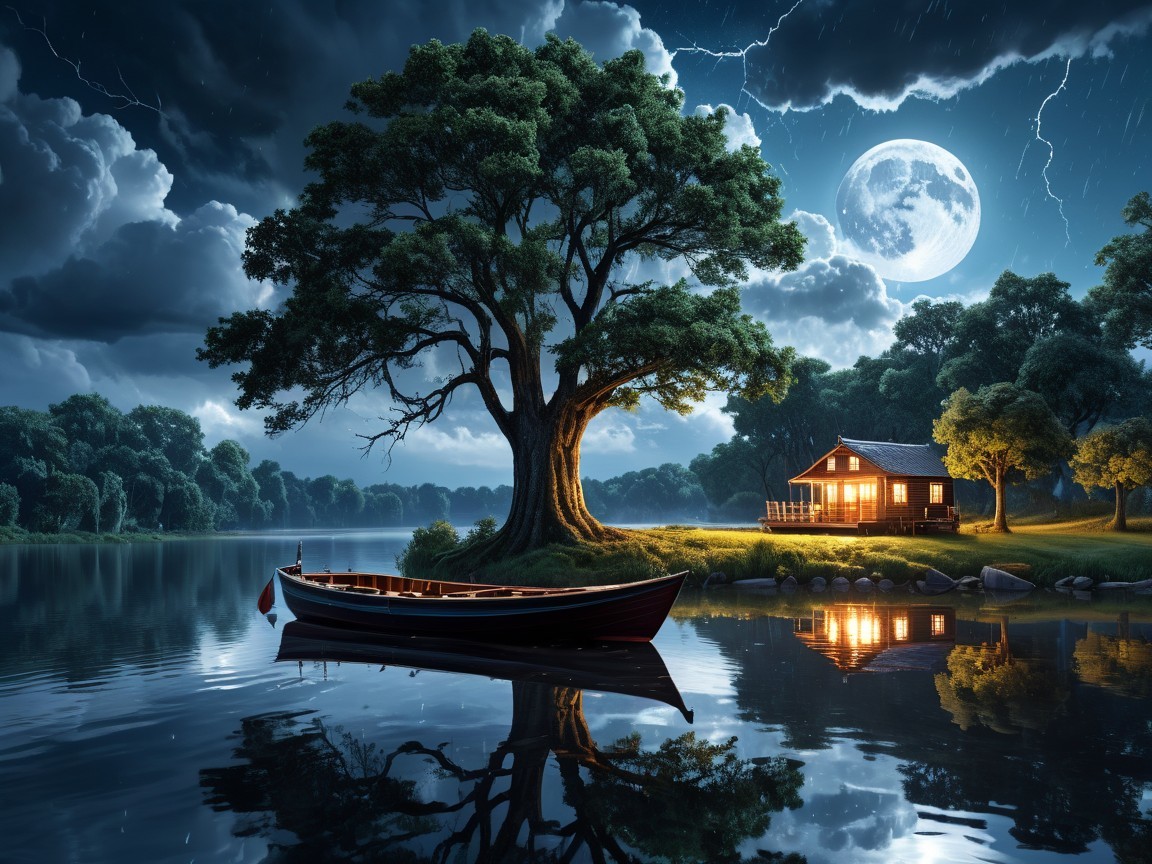 Tranquil Lake Night Scene with Cozy Cabin and Moonlight