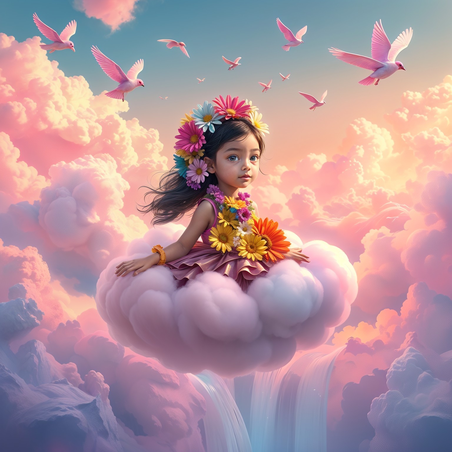 Young girl with floral crown on a fluffy cloud