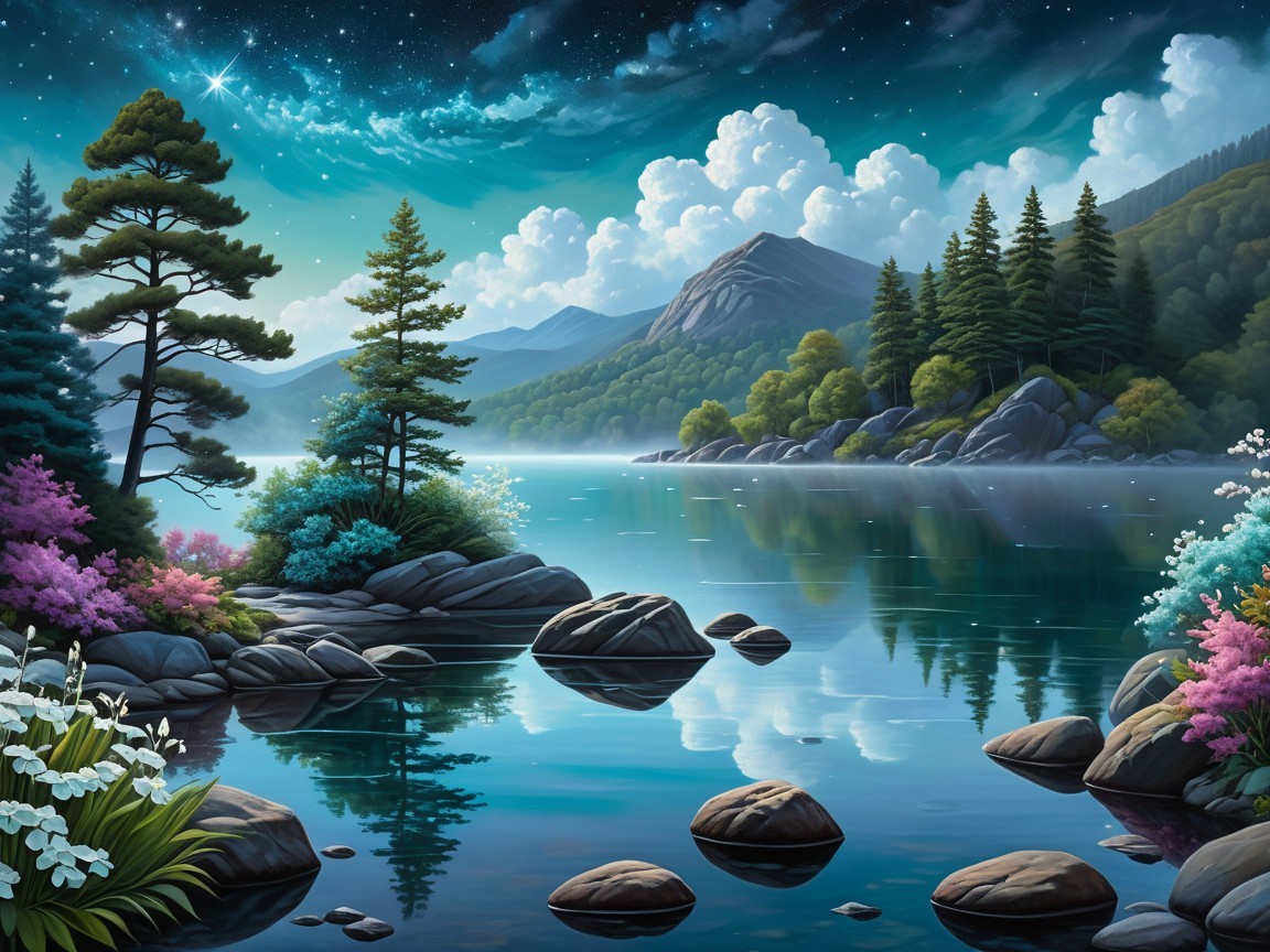Tranquil Lake Surrounded by Lush Mountains and Flowers