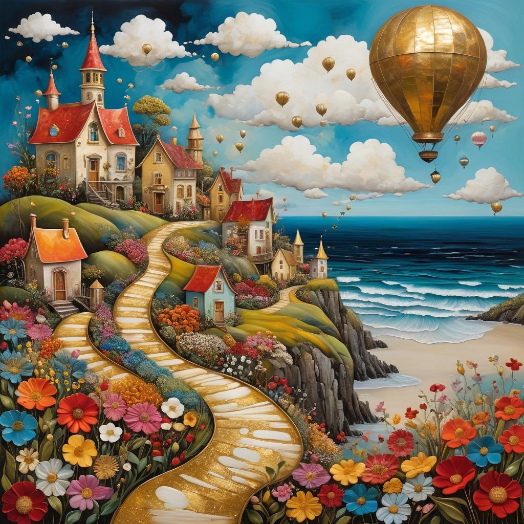 Whimsical hillside landscape with colorful houses and beach