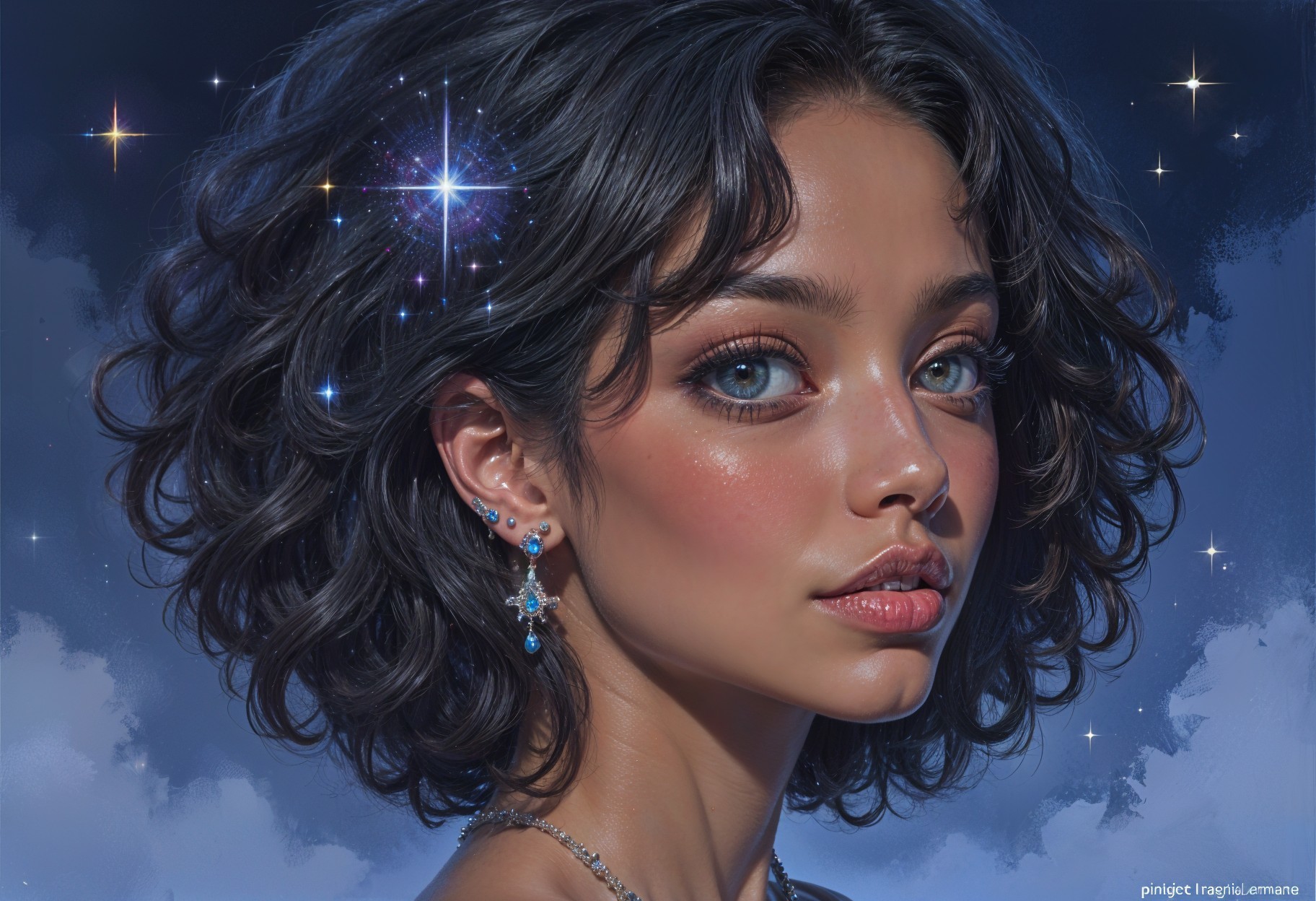 Young woman with blue eyes and starry background