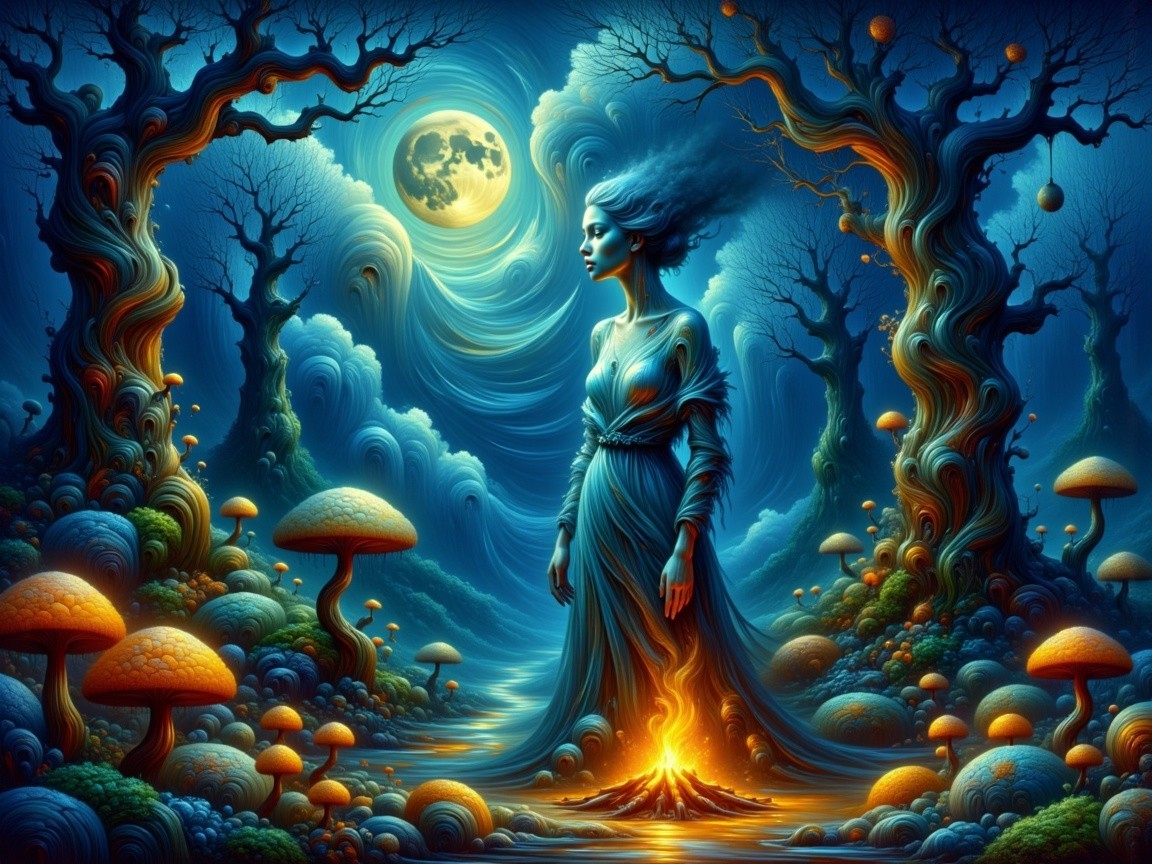 Serene woman in magical forest under full moonlight
