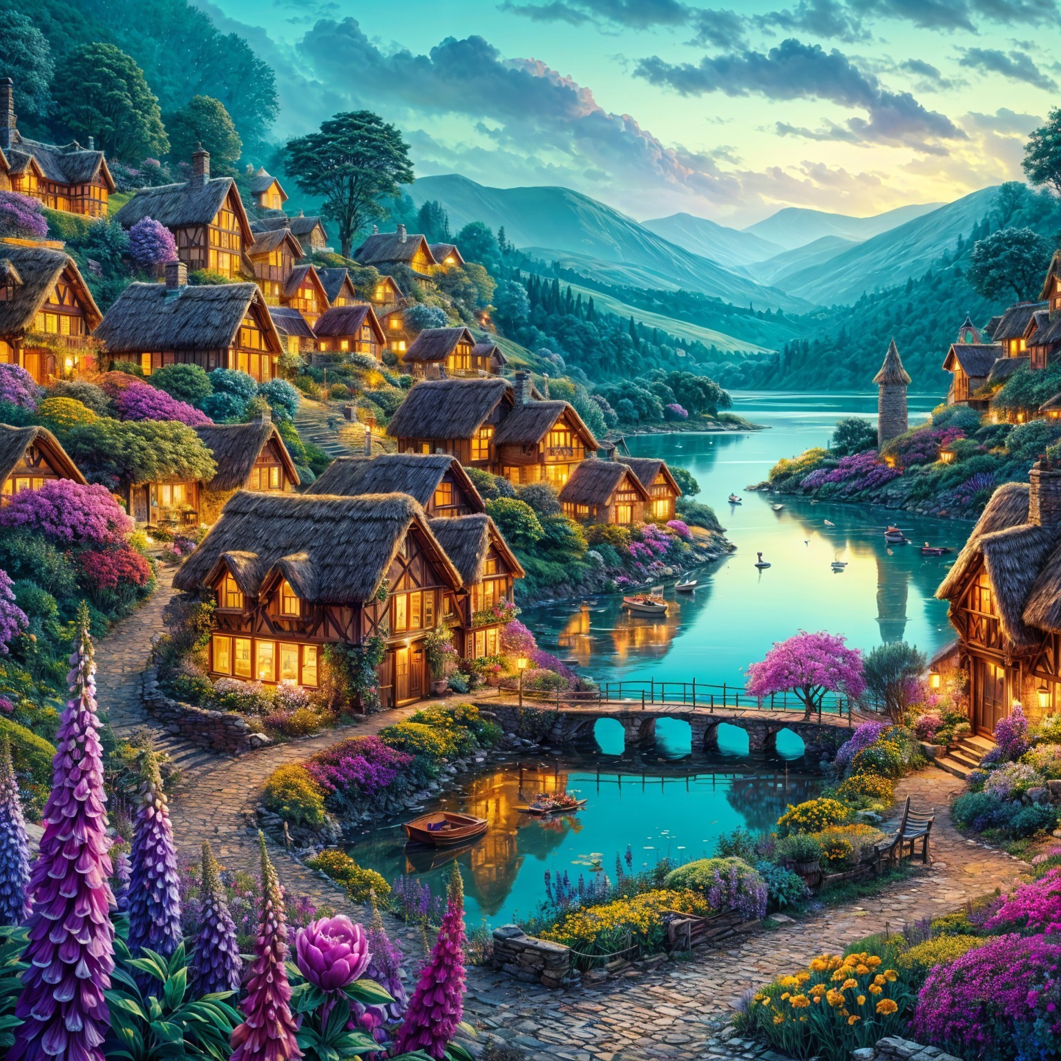 Picturesque Village with Thatched Cottages and Lake