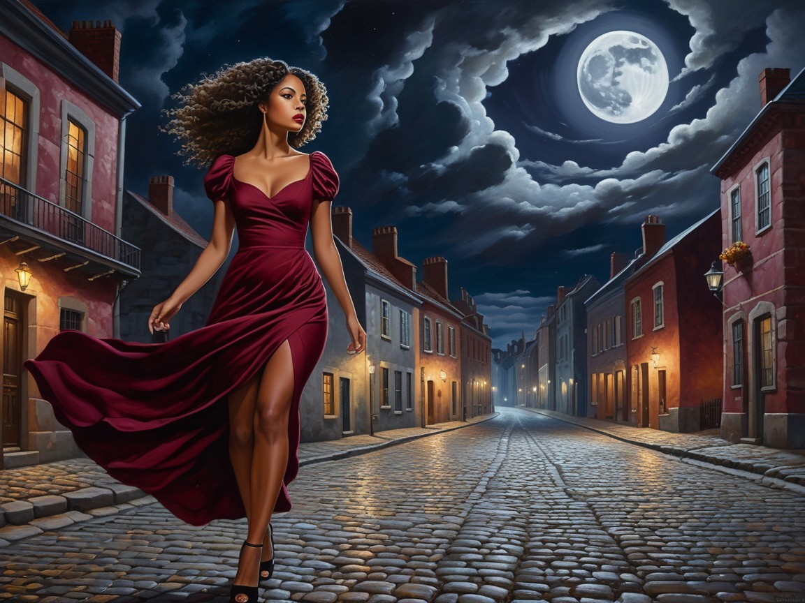 Woman in burgundy dress on cobblestone street at night