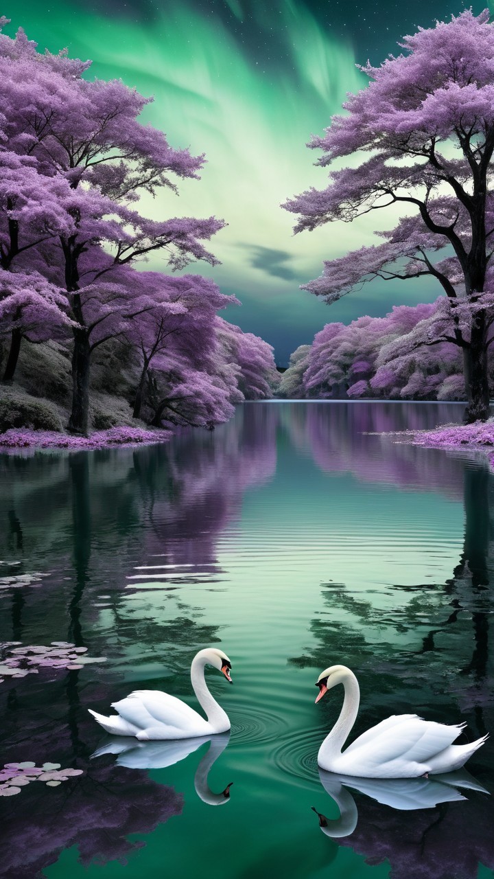 Serene landscape with swans and northern lights