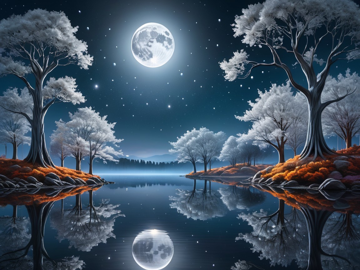 Serene Night Landscape with Moonlit Lake and Frosted Trees