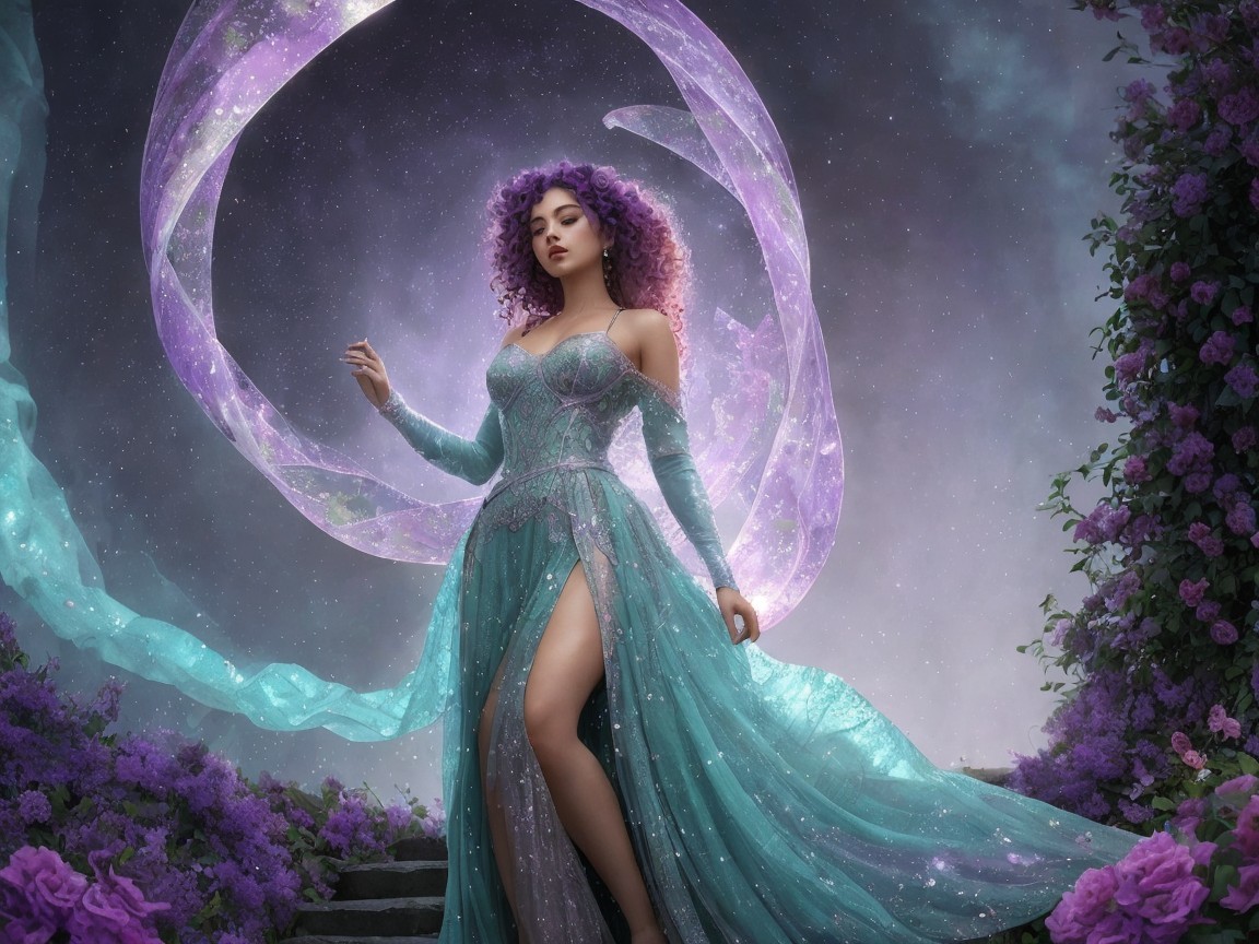 Mystical figure in turquoise gown among purple roses