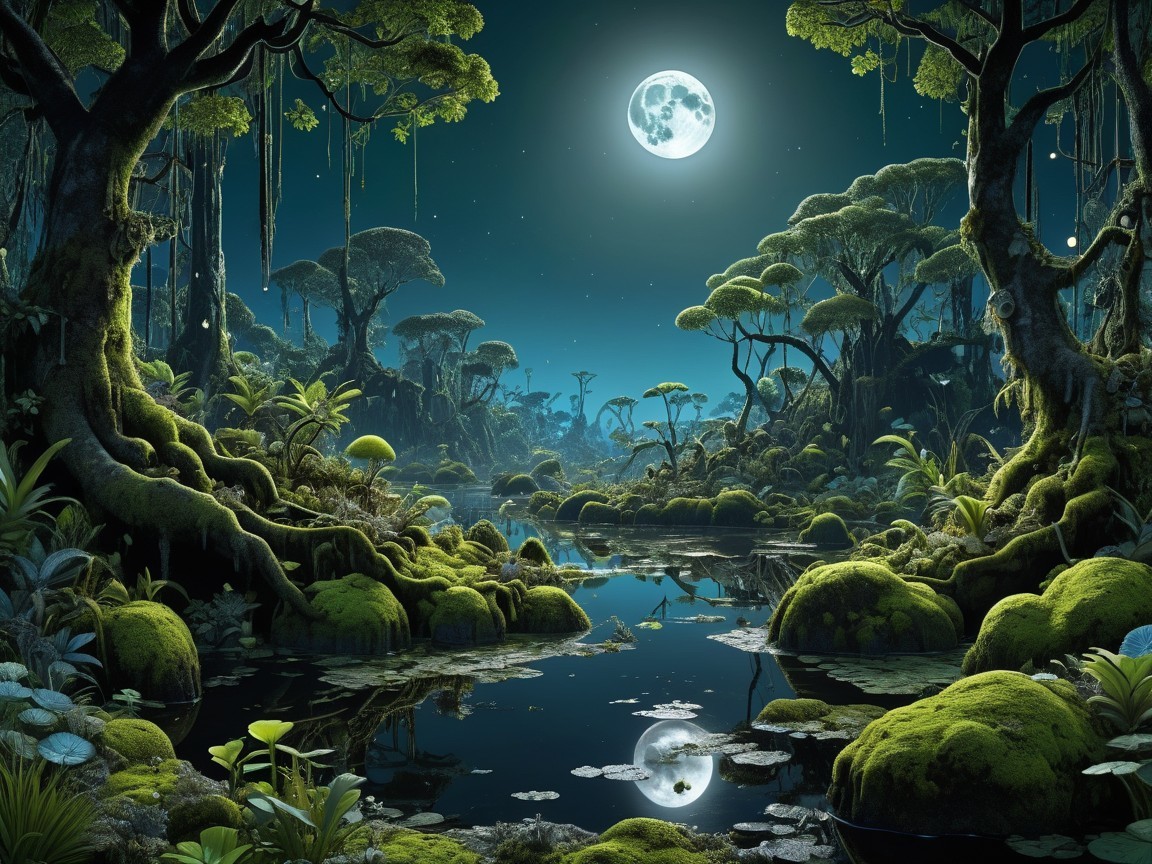 Moonlit Landscape with Tranquil Pond and Lush Vegetation
