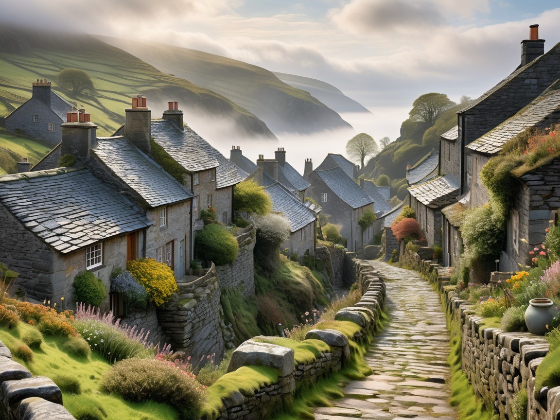 Picturesque Village with Stone Cottages and Hills