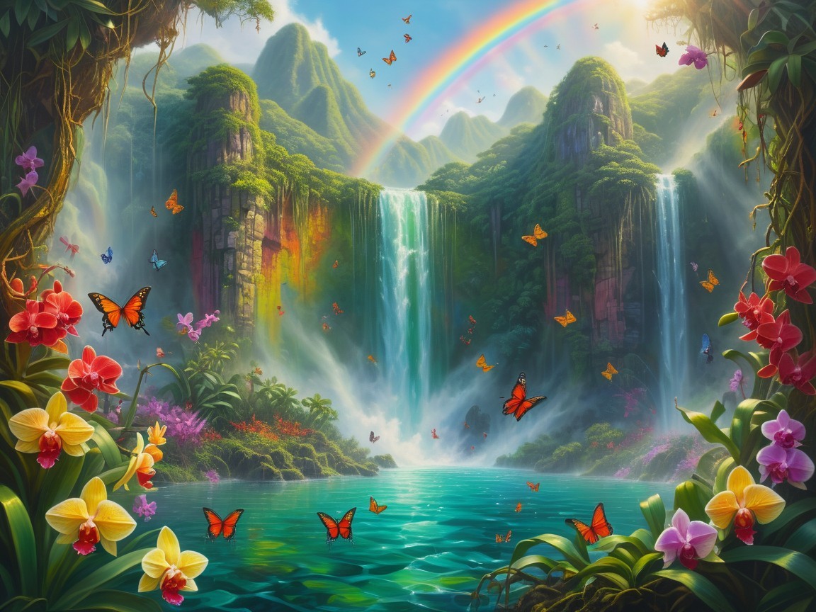 Tropical Landscape with Waterfalls and Orchids