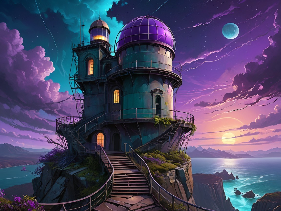 Whimsical Observatory on Rocky Cliff at Sunset