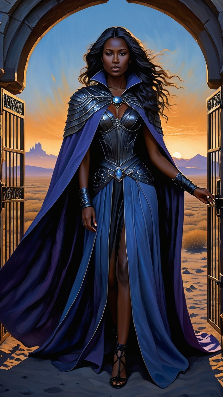Powerful figure at grand gates in sunset desert scene