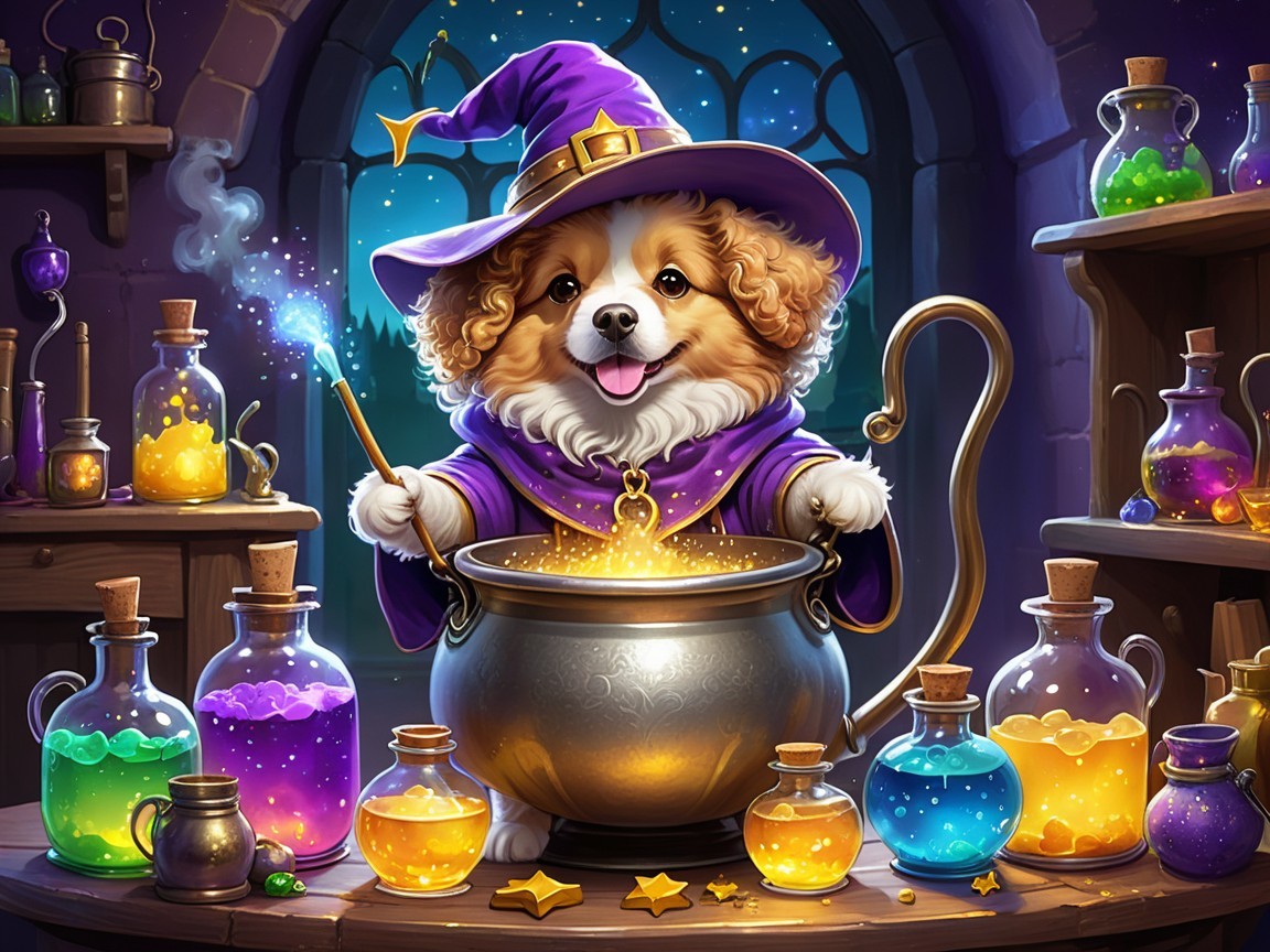 Fluffy Dog in Wizard Hat at Enchanting Potion Shop