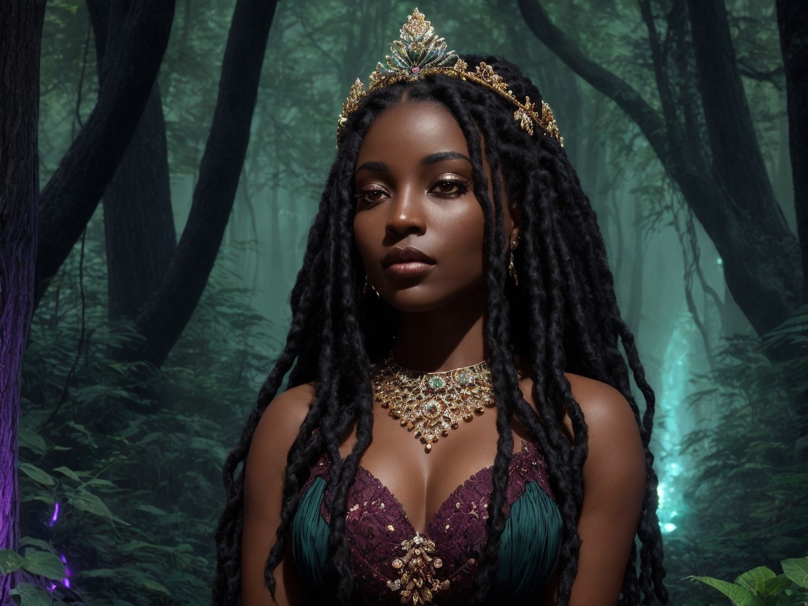 Regal Figure in Mystical Forest with Jewelry and Gown