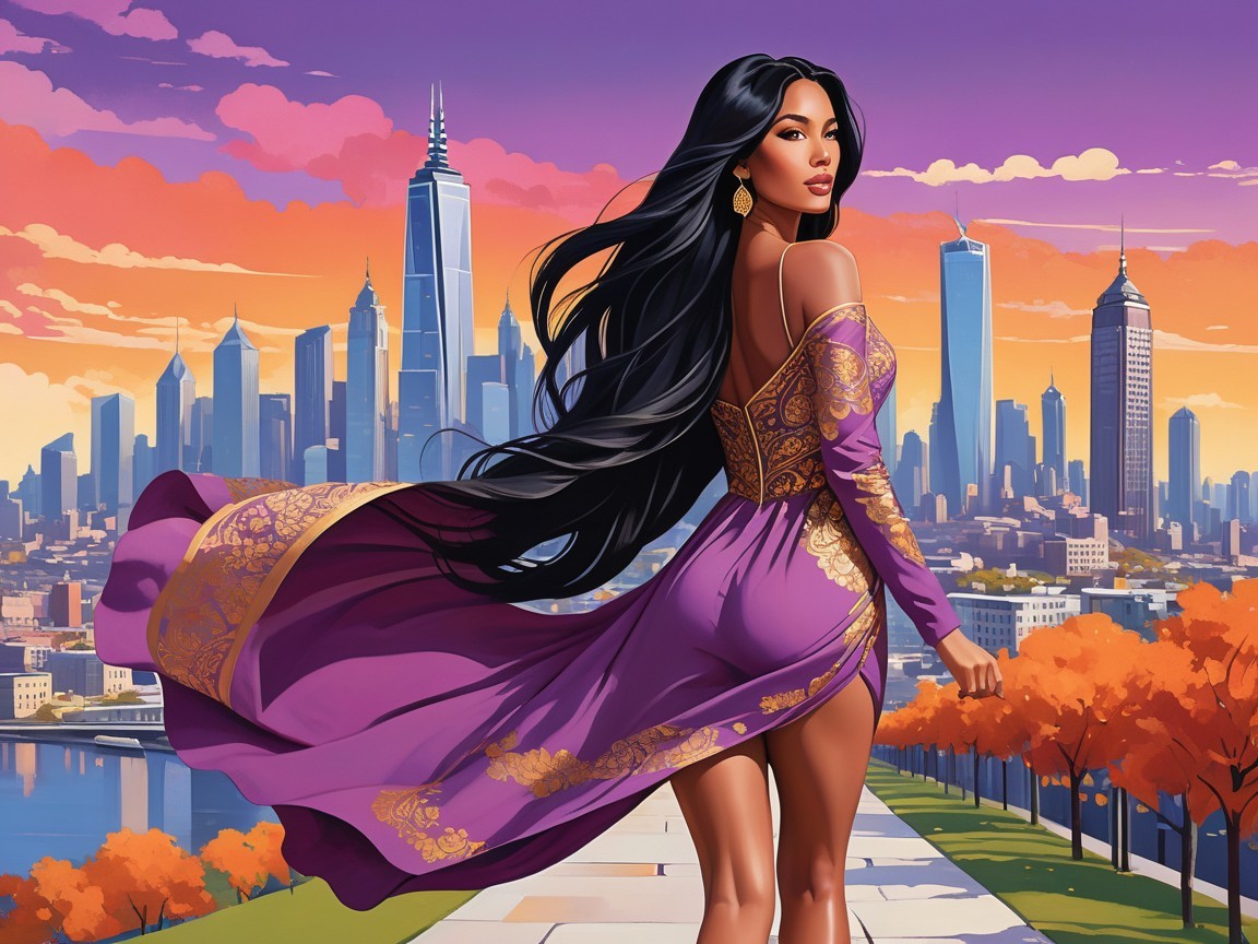 Woman in Purple Dress Overlooking City Skyline at Sunset