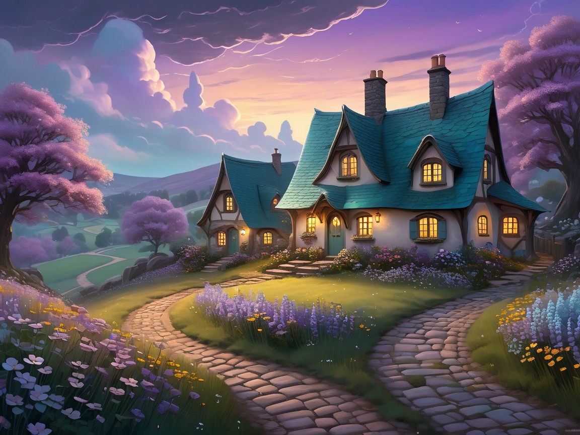 Charming Cottage Surrounded by Vibrant Flowers and Hills