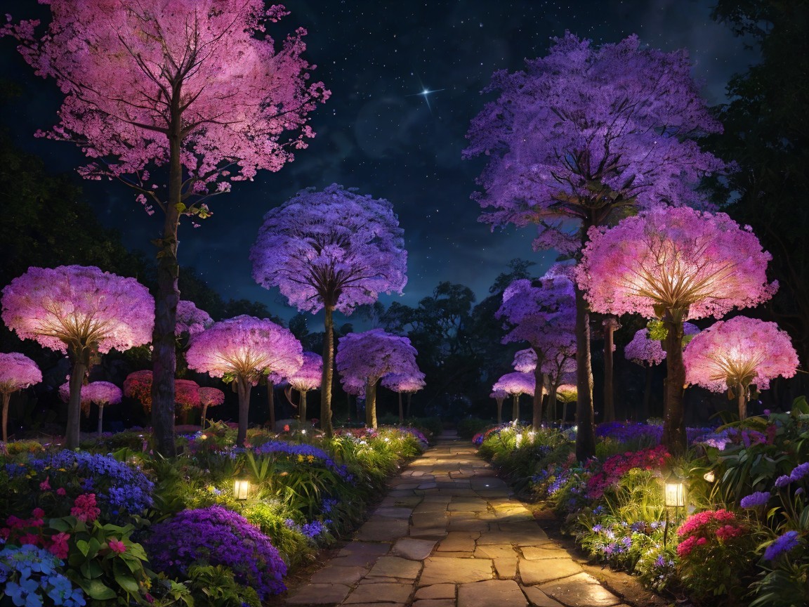 Nighttime Garden with Glowing Pink Trees and Lanterns