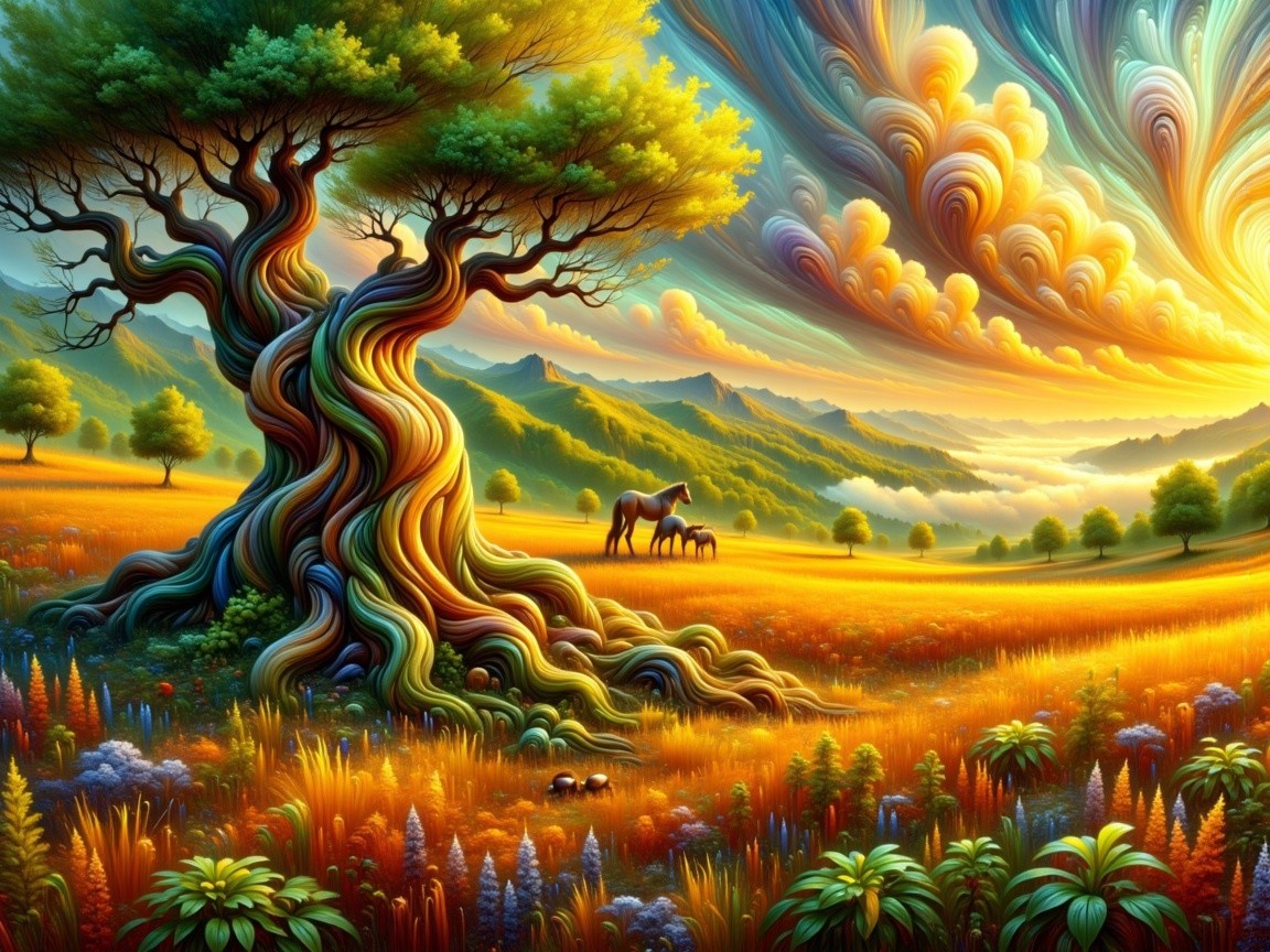 Vibrant Landscape with Colorful Tree and Horses