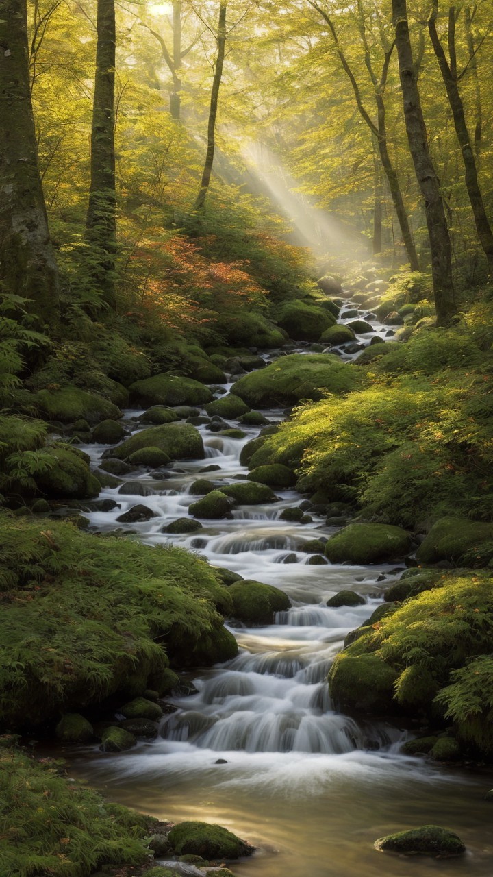 Serene Forest Scene with Gentle Stream and Lush Greenery
