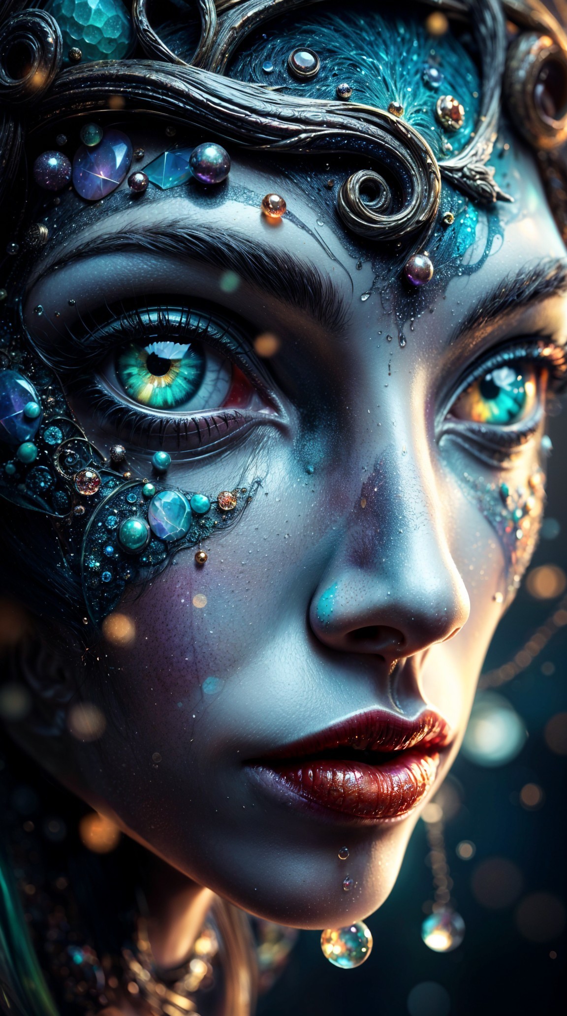 Close-up of a fantasy figure with turquoise eyes